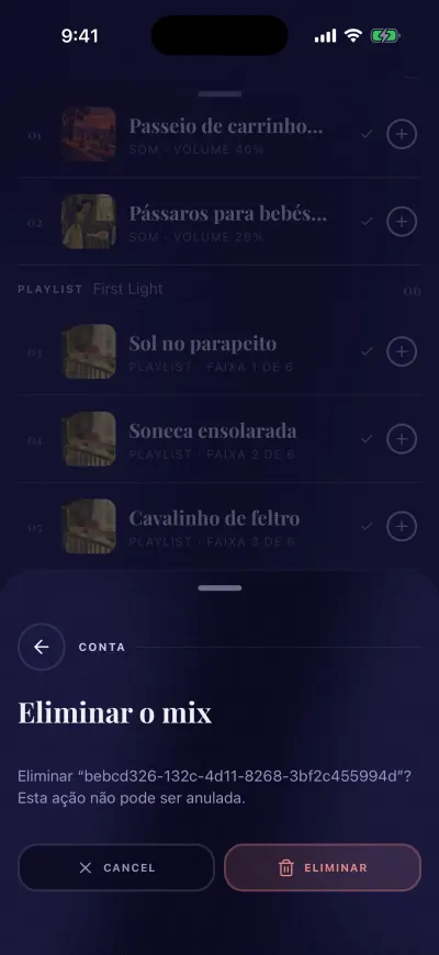 A janela Eliminar mix com os botões Cancelar e Eliminar.
