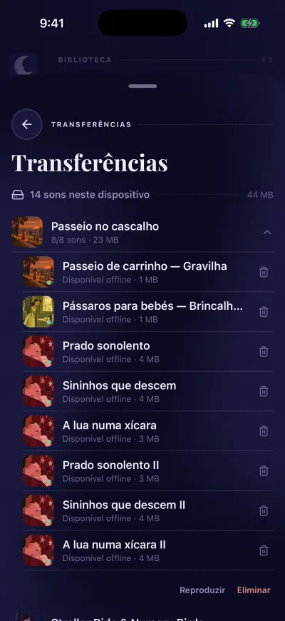 Transferências: o espaço usado, e um mix aberto a mostrar cada som com Disponível offline, com Reproduzir e Eliminar por baixo da lista.