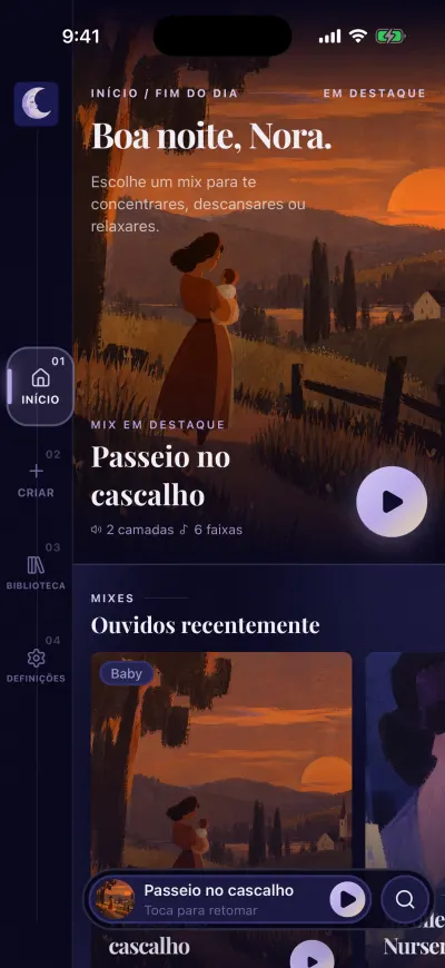 O Início do Berceuse: Boa tarde com o seu nome, o mix em destaque com o botão redondo de reproduzir, e Ouvidos recentemente. A barra à esquerda tem Início, Criar, Biblioteca e Definições.