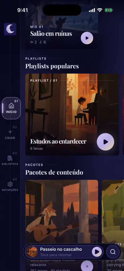 O Início deslocado para baixo até Playlists populares, com um cartão de playlist e o seu botão redondo de reproduzir, e Pacotes de conteúdo por baixo.