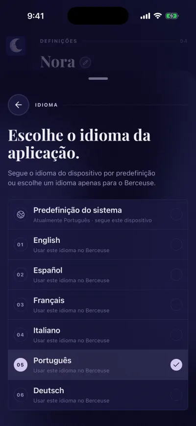 Escolha o idioma da aplicação: Predefinição do sistema, depois English, Español, Français, Italiano, Português e Deutsch.