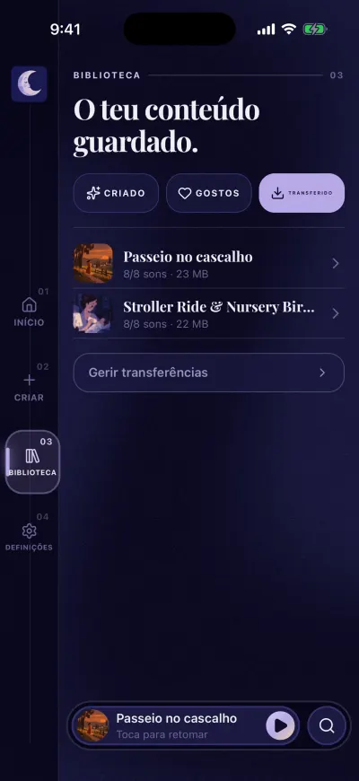 A Biblioteca em Transferido: dois mixes transferidos com o tamanho, e o botão Gerir transferências.