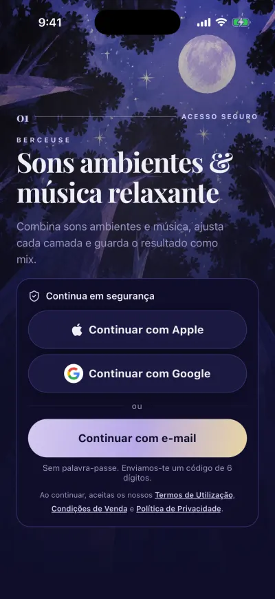 O ecrã de início de sessão do Berceuse com Continuar com Apple, Continuar com Google e Continuar com e-mail.
