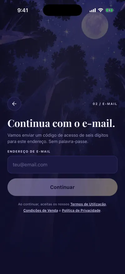 O passo do e-mail: uma caixa para o seu endereço de e-mail e o botão Continuar.