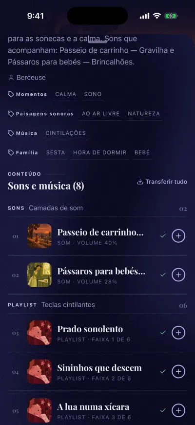 A página de um mix deslocada até Sons e música, com Transferir tudo à direita.