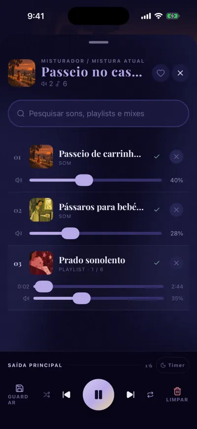 O misturador: o nome do mix em cima, uma caixa de pesquisa, cada som com a sua barra de volume, e os controlos em baixo com Guardar, reproduzir e Limpar.