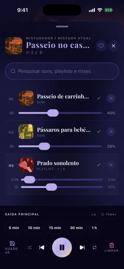 O misturador com o timer aberto: 5 min, 10 min, 15 min, 30 min e 1 h por cima dos controlos.