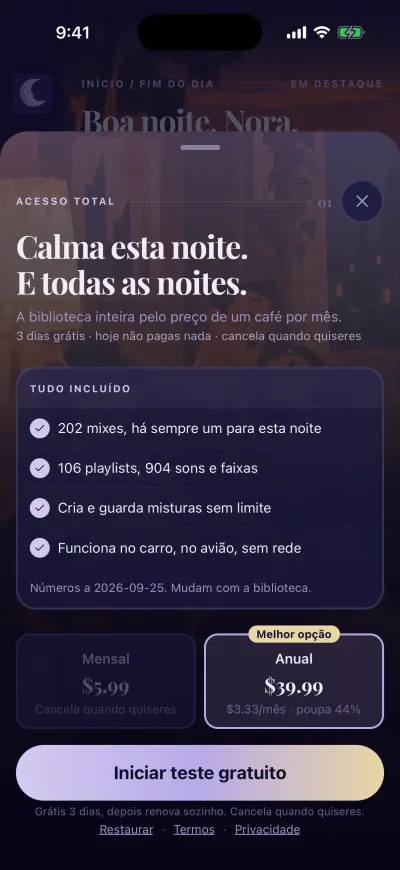 O ecrã de subscrição do Berceuse: três dias grátis, os planos mensal e anual, e o botão grande em baixo.