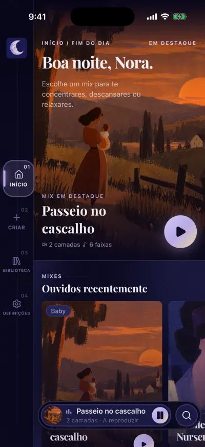 O Início com um mix a tocar: a barra comprida em baixo mostra a capa, o nome do mix, 2 camadas a reproduzir, um botão de pausa e a lupa.