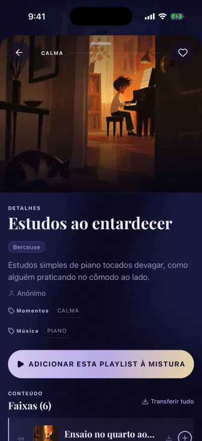 A página de uma playlist: a capa, o nome, o botão Adicionar esta playlist à mistura e as faixas.