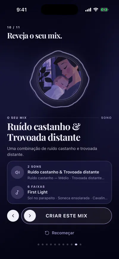O passo Reveja o seu mix: os seus sons e a sua música, o botão Criar este mix e Recomeçar por baixo.