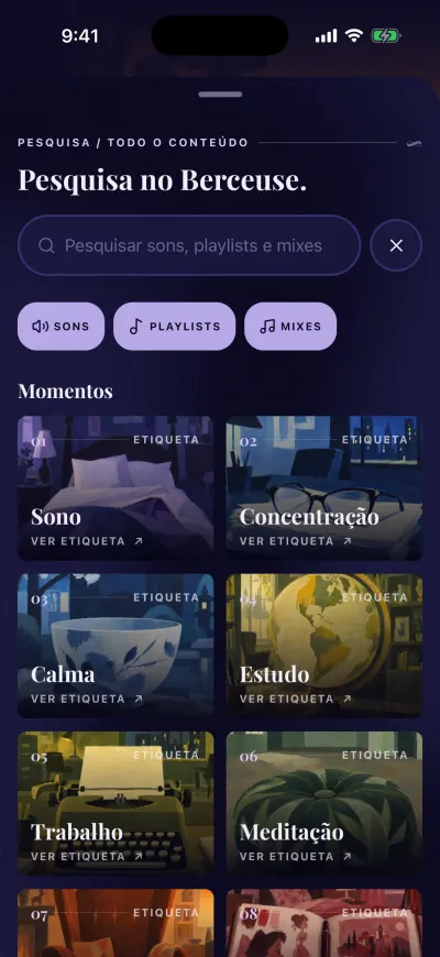 Pesquisa no Berceuse antes de escrever: a caixa de pesquisa, os filtros Sons, Playlists e Mixes, e os Momentos.