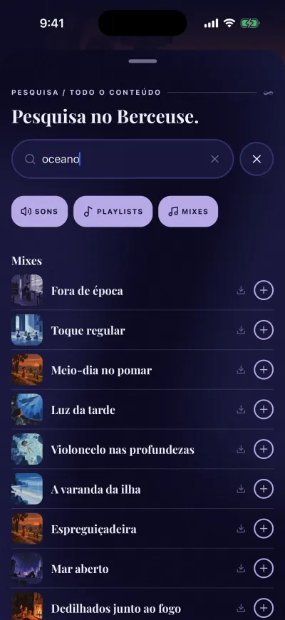 Resultados da pesquisa por ocean: mixes, cada um com uma seta de transferência e um +.