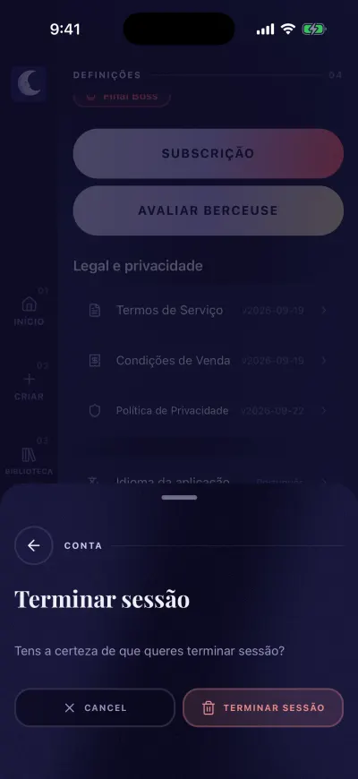 O painel Terminar sessão no fundo do ecrã, com os botões Cancelar e Terminar sessão.