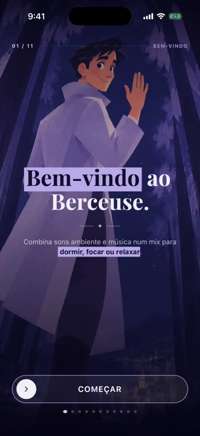 O ecrã de boas-vindas do Berceuse, com o botão Começar em baixo e a bolinha redonda à esquerda.