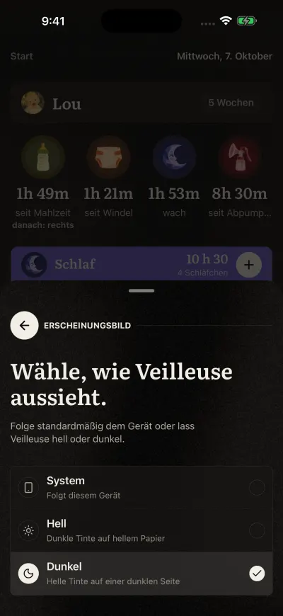 Die Seite „Erscheinungsbild“ in Veilleuse mit „System“, „Hell“ und „Dunkel“.