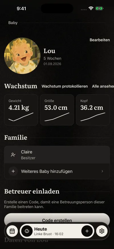 Der Bildschirm „Baby“: das Bild, der Name und das Alter des Babys, dann „Wachstum“ mit dem letzten Gewicht, der letzten Größe und dem letzten Kopfumfang.
