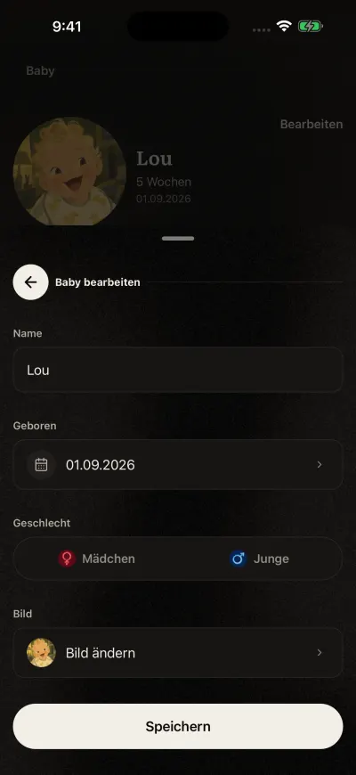 Das Formular „Baby bearbeiten“, ausgefüllt: der Name, das Geburtsdatum, „Mädchen“ oder „Junge“, das Bild und der Button „Speichern“.