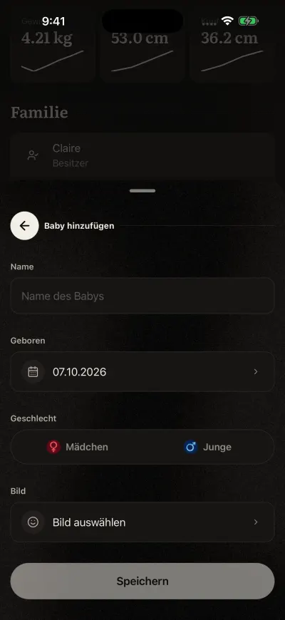 Das Formular „Baby hinzufügen“: der Name, das Geburtsdatum, „Mädchen“ oder „Junge“, ein Bild und der Button „Speichern“.