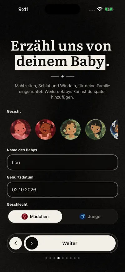 Die Baby-Seite der Einführung: eine Reihe gemalter Gesichter, ein Feld für den Namen des Babys, das Geburtsdatum und unten der Button.