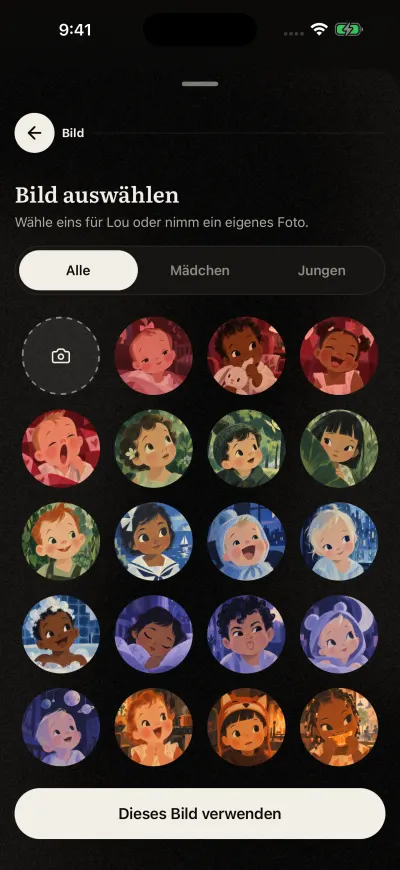 Bild auswählen: ein Raster aus gemalten Babygesichtern, ein Kamera-Button für dein eigenes Foto und unten „Dieses Bild verwenden“.
