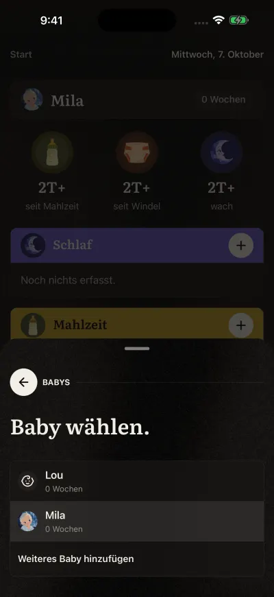 Die Seite „Baby wählen“: jedes Baby mit Bild und Alter, das gezeigte Baby ist abgehakt.