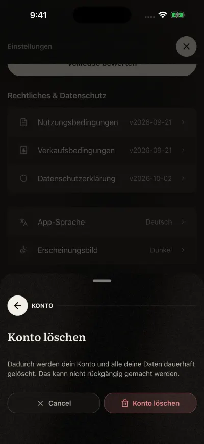 Die Meldung, die „Konto löschen“ bestätigen lässt, mit den Buttons „Abbrechen“ und „Konto löschen“.