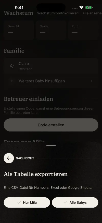 Die Exportfrage: nur dieses Baby exportieren oder alle Babys.