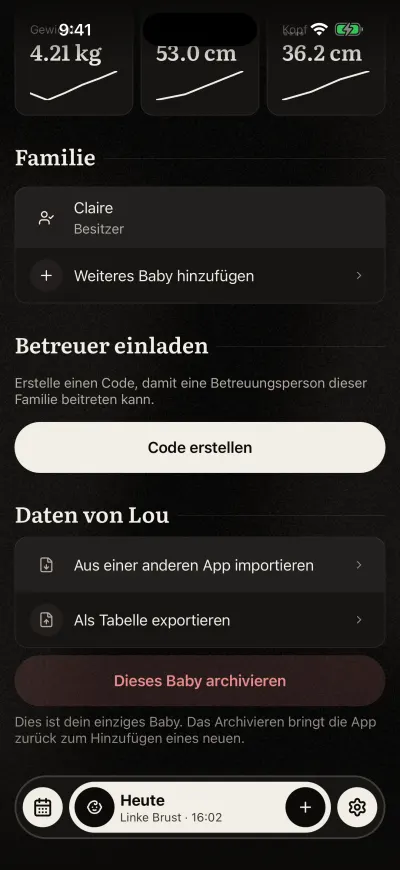 Der Bereich „Familie“ auf dem Bildschirm „Baby“: Claire ist als „Besitzer“ markiert, dazu „Weiteres Baby hinzufügen“.