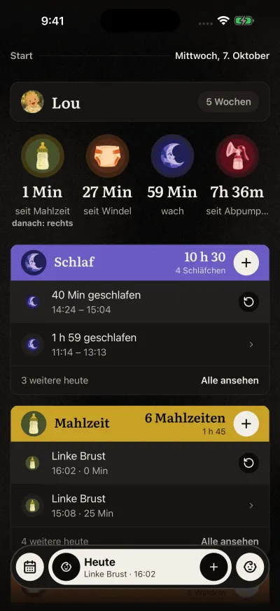 Veilleuse Start: oben der Name des Babys, vier Kreise mit der Zeit seit der letzten Mahlzeit, Windel, Schlaf und Abpumpen, dann die Karten „Schlaf“ und „Mahlzeit“. In der Leiste unten stehen der Kalender, „Heute“, das + und der Baby-Button.