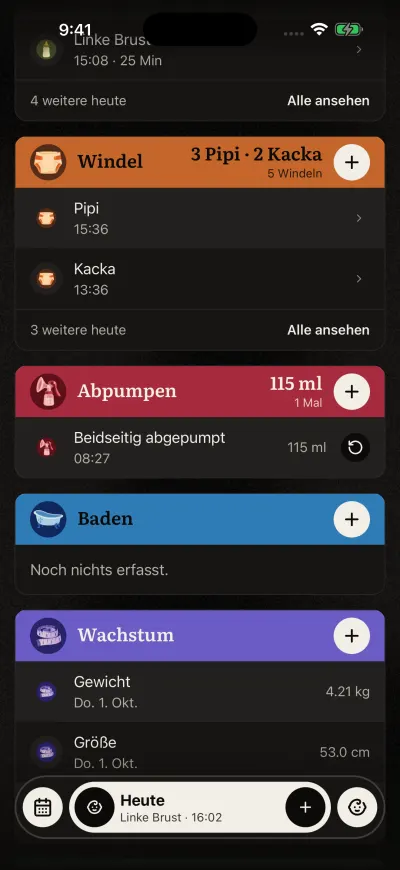Start, nach unten gescrollt: die Karten „Windel“, „Abpumpen“ und „Baden“. Auf der Karte „Baden“ steht „Noch nichts erfasst.“