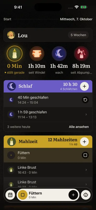 Start mit einer laufenden Mahlzeit: Der Kreis „Mahlzeit“ leuchtet, und in der Leiste unten steht „Füttern“ mit einem quadratischen Stopp-Button.