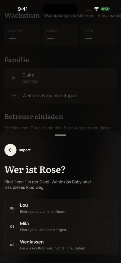 Die Importseite, die fragt, wer ein Kind in der Datei ist, mit jedem Baby der Familie und „Überspringen“.