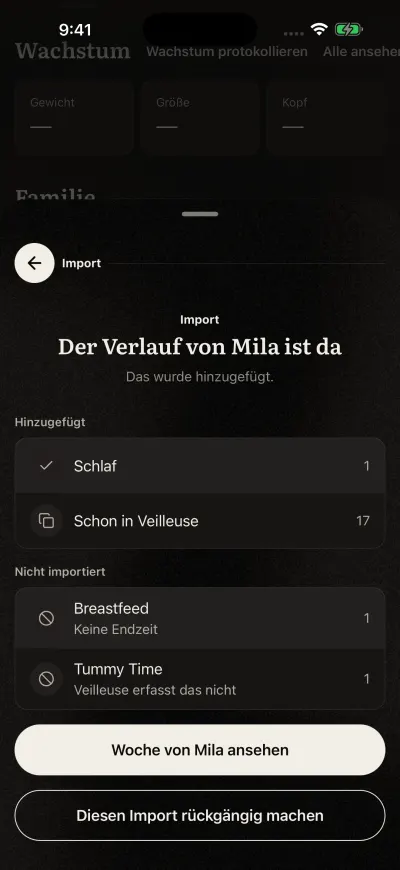 Die Import-Zusammenfassung: wie viele Einträge jeder Art hinzugefügt wurden und wie viele schon da waren.