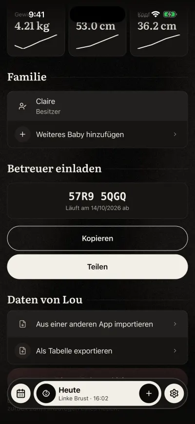 Betreuer einladen mit einem Code in zwei Vierergruppen, dem Datum, an dem er nicht mehr gilt, und den Buttons „Kopieren“ und „Teilen“.