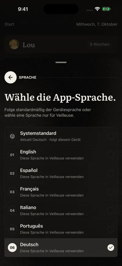 Die Seite App-Sprache in Veilleuse: Systemstandard, dann English, Español, Français, Italiano, Português, Deutsch.