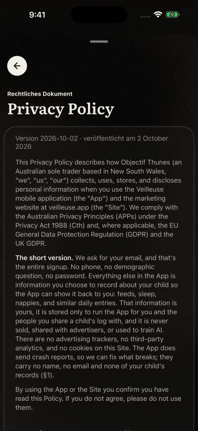 Die Datenschutzerklärung in Veilleuse, mit Version und Datum unter dem Titel.