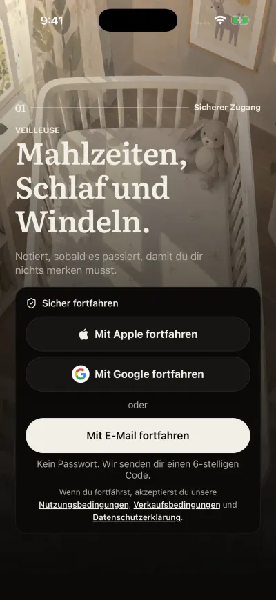 Der Anmeldebildschirm von Veilleuse mit „Mit Apple fortfahren“, „Mit Google fortfahren“ und „Mit E-Mail fortfahren“.