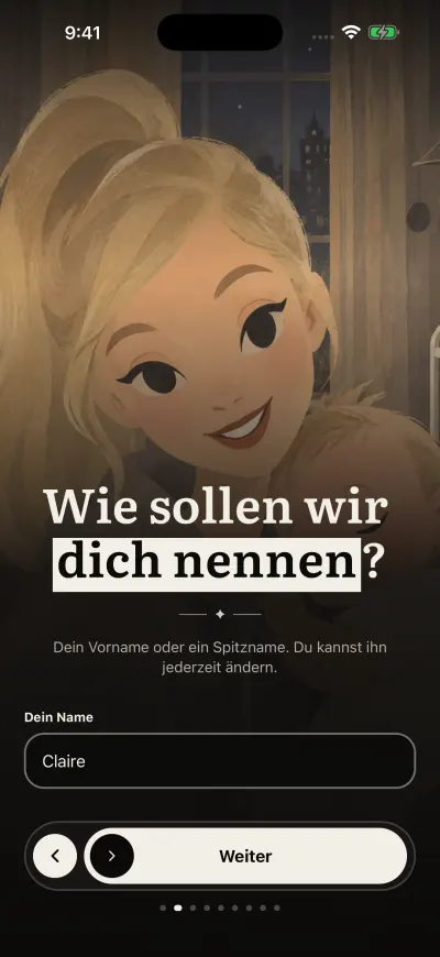 Der Namensbildschirm: ein Feld für deinen Namen und unten der Button „Weiter“.