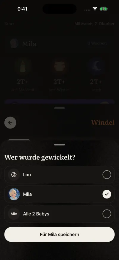 Die Seite, die fragt, für welche Babys ein Eintrag gilt, mit einem Häkchen neben jedem Baby und dem Button unten.