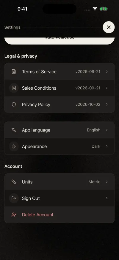 Das Ende der Veilleuse-Einstellungen: die rechtlichen Dokumente, „App-Sprache“, „Erscheinungsbild“ und der Bereich „Konto“ mit „Einheiten“, „Abmelden“ und „Konto löschen“.