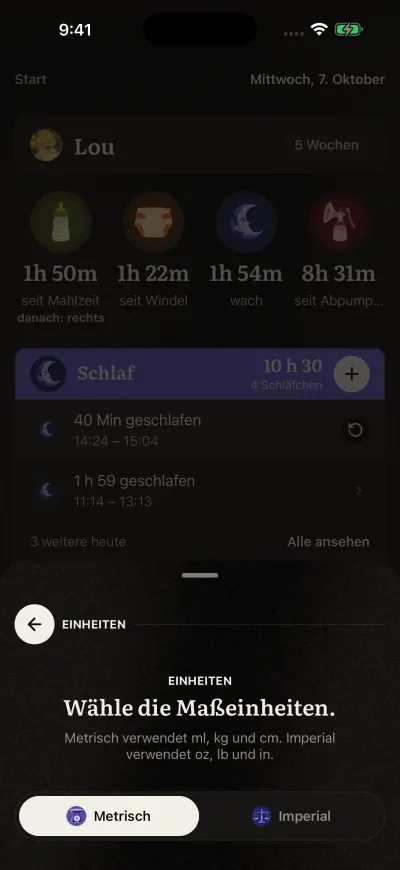 Die Seite „Einheiten“ in Veilleuse mit „Metrisch“ und „Imperial“.