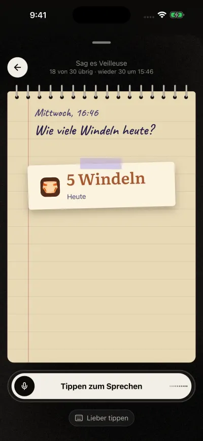 „Sag es Veilleuse“ mit der Frage „Wie viele Windeln heute“ und einem aufgeklebten Zettel mit der Antwort „5 Windeln, heute“.
