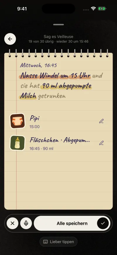 „Sag es Veilleuse“ nach dem Sprechen: der Satz mit den verstandenen Wörtern hervorgehoben und darunter ein Eintrag „Pipi“ und ein Eintrag „Flasche“, jeder mit einem Stift. Unten steht „Alle speichern“.