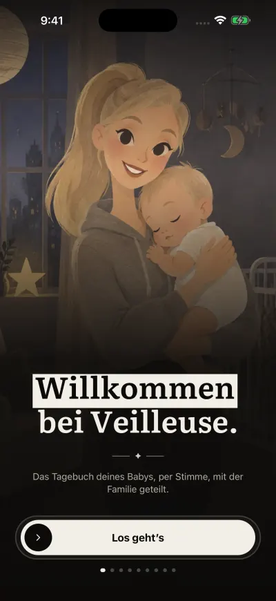 Der Willkommensbildschirm von Veilleuse. Unten ist der Button „Los geht’s“, sein runder Griff liegt links.