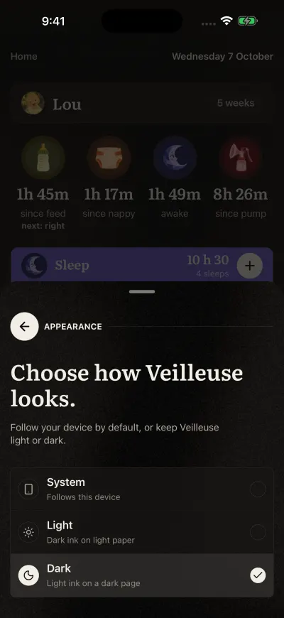 The Appearance page in Veilleuse with System, Light and Dark.