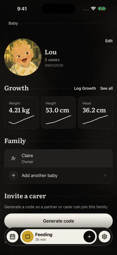 The Baby screen: the baby's picture, name and age, then Growth with the latest weight, height and head size.