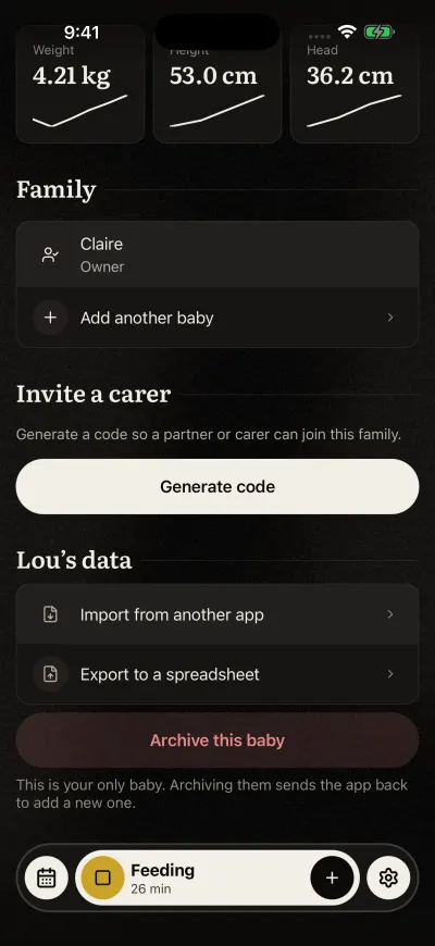 The bottom of the Baby screen: Invite a carer with Generate code, then the baby's data with Import from another app, Export to a spreadsheet and Archive this baby.