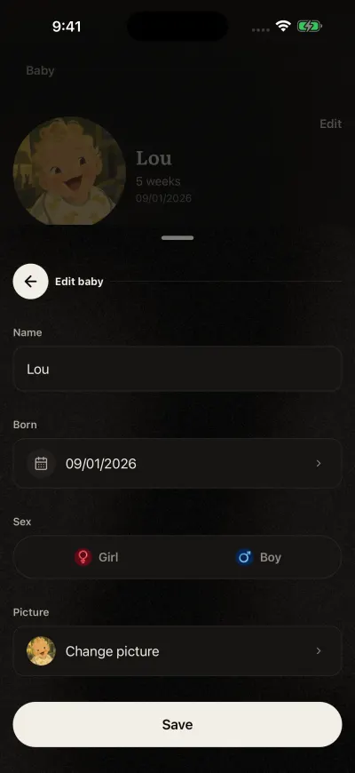 The Edit baby form, filled in: the name, the birth date, Girl or Boy, the picture and the Save button.
