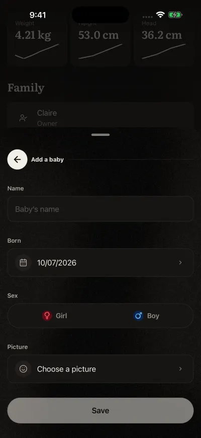 The Add a baby form: the name, the birth date, Girl or Boy, a picture and the Save button.